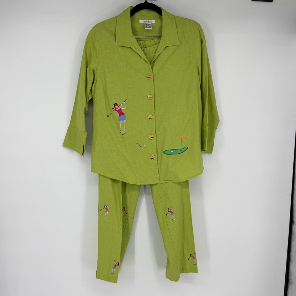 Novelty Golf Two Piece Set Womens M Linen Rayon Green Embroidered Shirt Pants